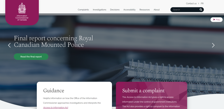 Screenshot of OIC home page